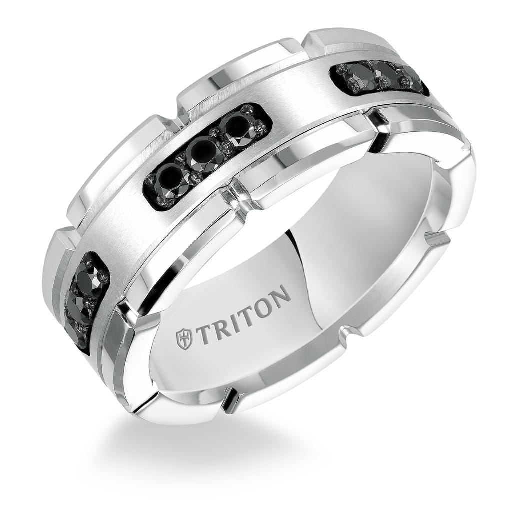 8MM White Tungsten Carbide Ring with Brushed Center and White Lab-Created Sapphires with T-Link Design and Polished Flat Edge