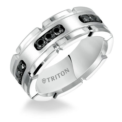 8MM White Tungsten Carbide Ring with Brushed Center and White Lab-Created Sapphires with T-Link Design and Polished Flat Edge