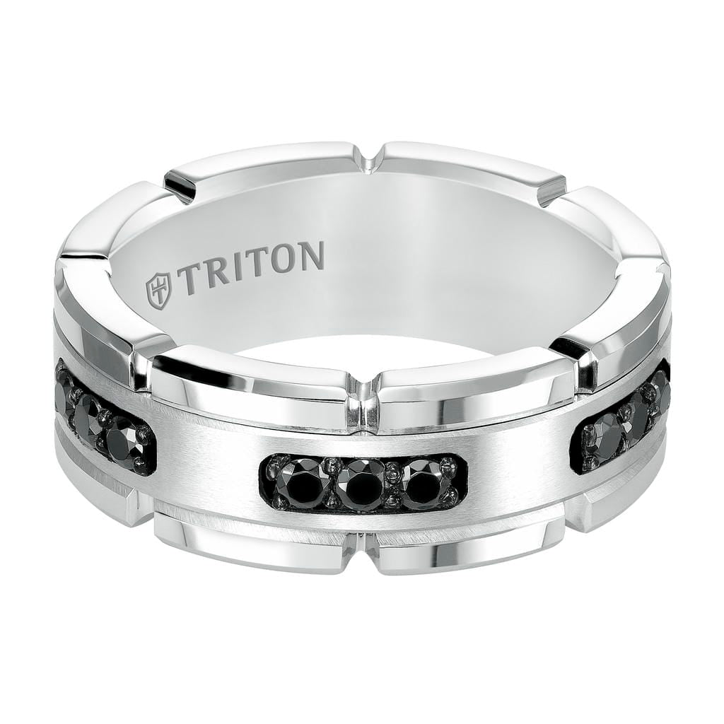 8MM White Tungsten Carbide Ring with Brushed Center and White Lab-Created Sapphires with T-Link Design and Polished Flat Edge