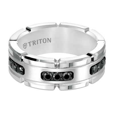 8MM White Tungsten Carbide Ring with Brushed Center and White Lab-Created Sapphires with T-Link Design and Polished Flat Edge