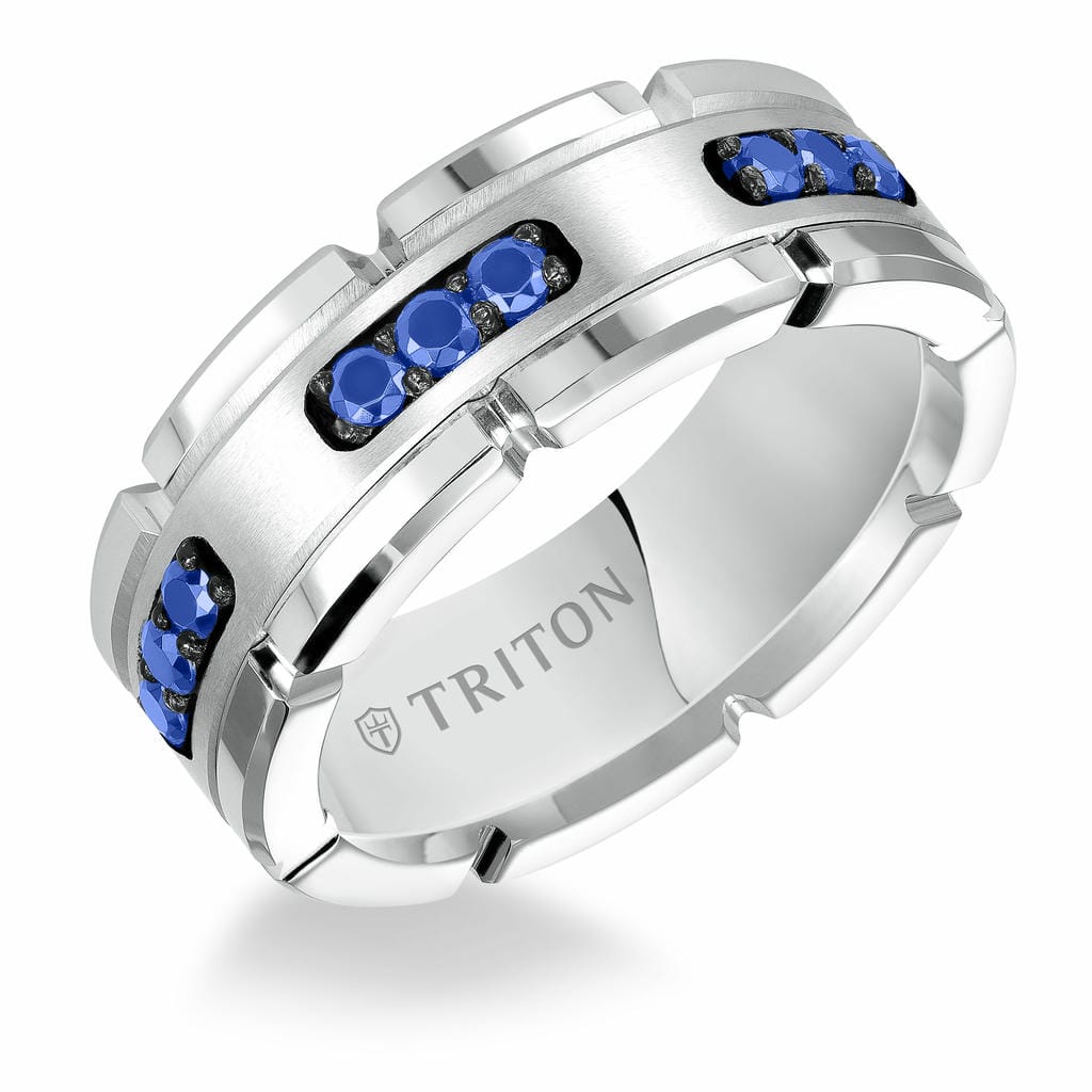 8MM White Tungsten Carbide Ring with Brushed Center and White Lab-Created Sapphires with T-Link Design and Polished Flat Edge