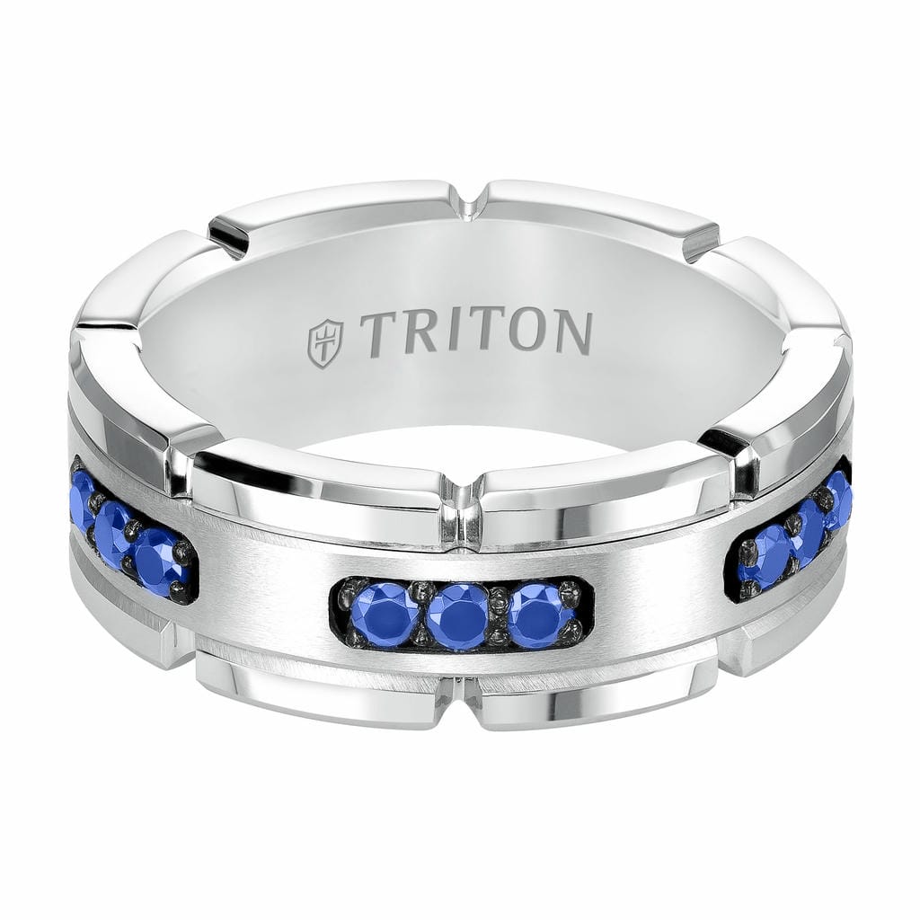 8MM White Tungsten Carbide Ring with Brushed Center and White Lab-Created Sapphires with T-Link Design and Polished Flat Edge