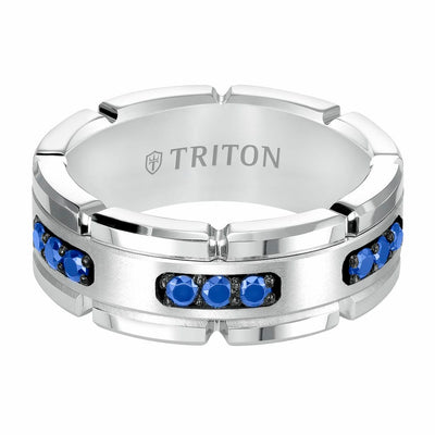 8MM White Tungsten Carbide Ring with Brushed Center and White Lab-Created Sapphires with T-Link Design and Polished Flat Edge