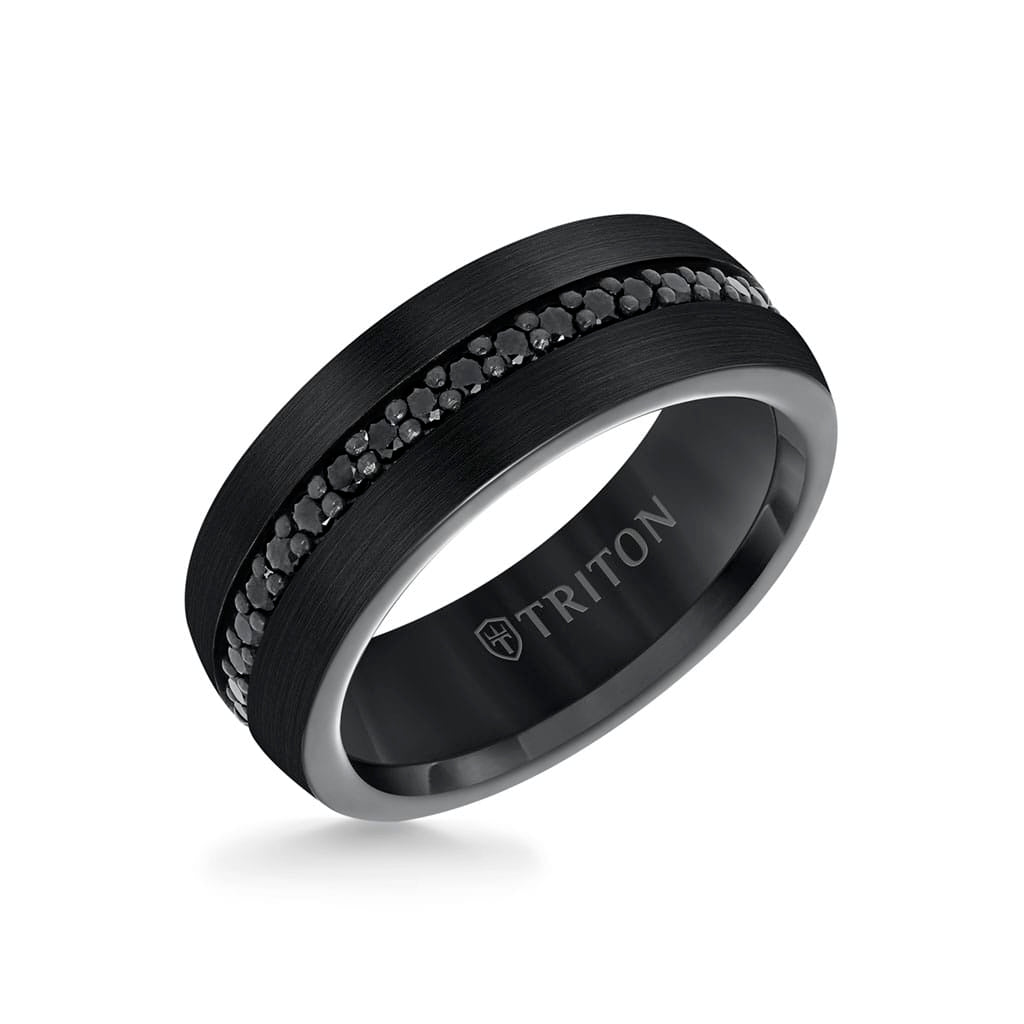 8MM Black Tungsten and Silver Ring with Brushed Finish and Eternity Channel Set Lab-Created White Sapphires and Flat Edge