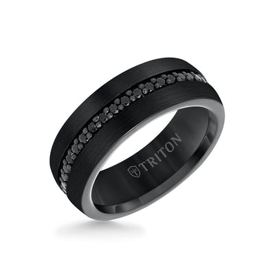 8MM Black Tungsten and Silver Ring with Brushed Finish and Eternity Channel Set Lab-Created White Sapphires and Flat Edge