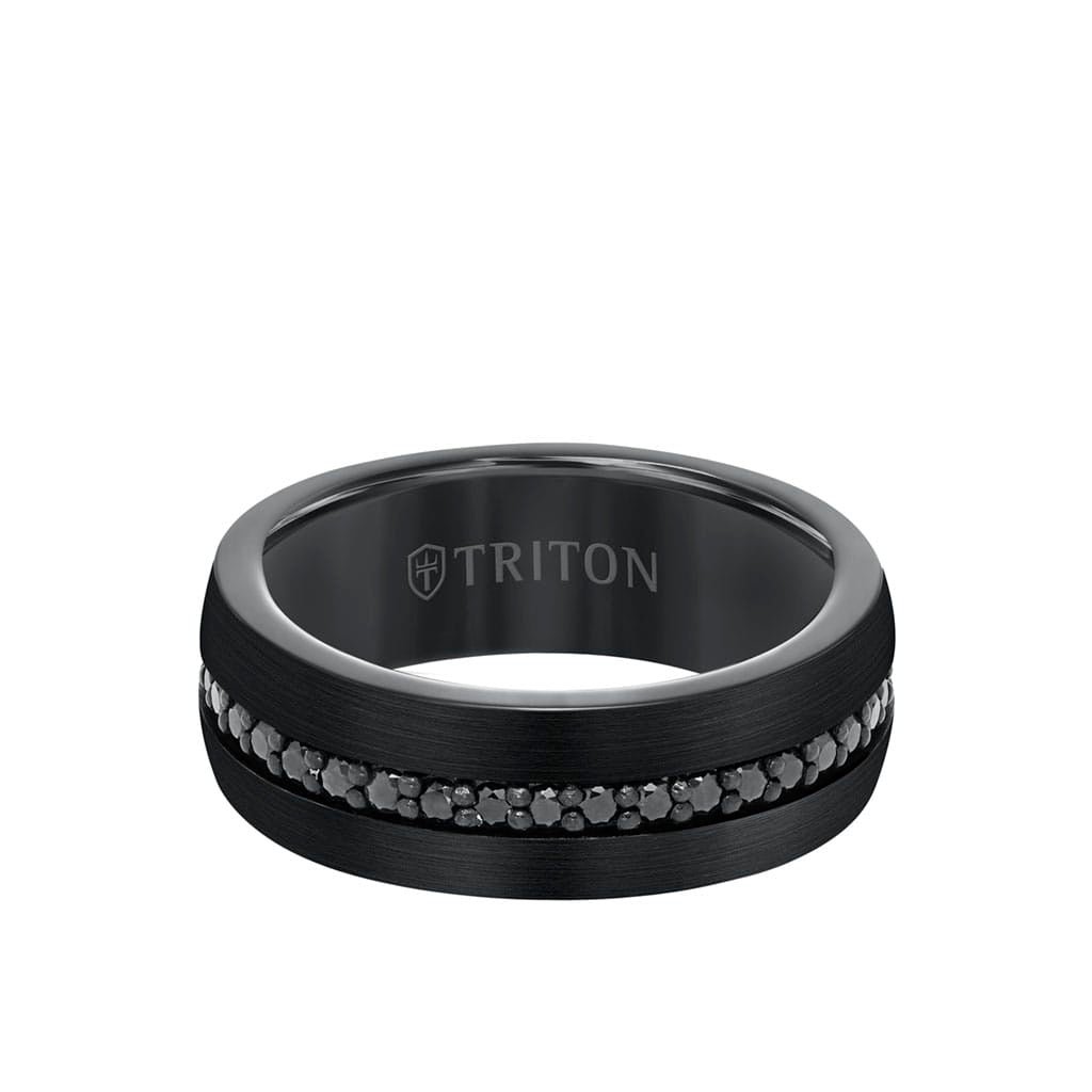 8MM Black Tungsten and Silver Ring with Brushed Finish and Eternity Channel Set Lab-Created White Sapphires and Flat Edge