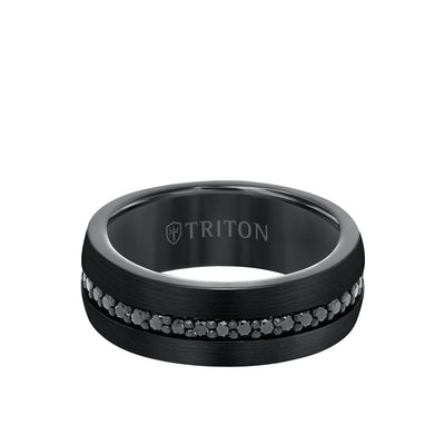 8MM Black Tungsten and Silver Ring with Brushed Finish and Eternity Channel Set Lab-Created White Sapphires and Flat Edge