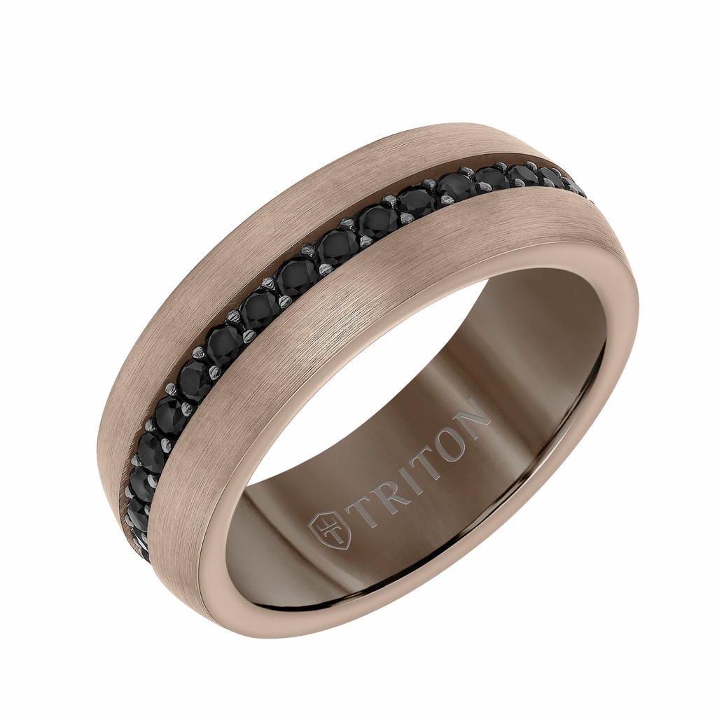 8MM Black Tungsten and Silver Ring with Brushed Finish and Eternity Channel Set Lab-Created White Sapphires and Flat Edge
