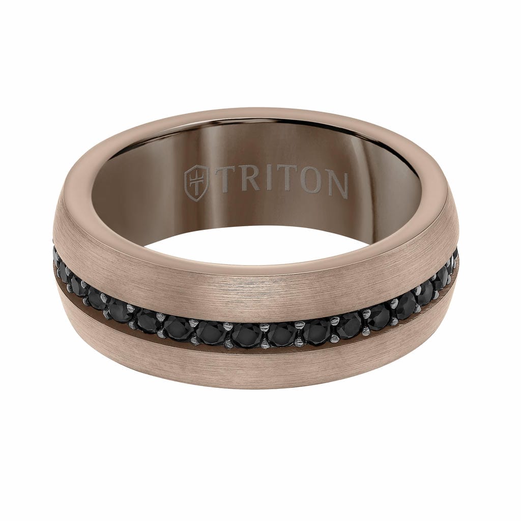 8MM Black Tungsten and Silver Ring with Brushed Finish and Eternity Channel Set Lab-Created White Sapphires and Flat Edge