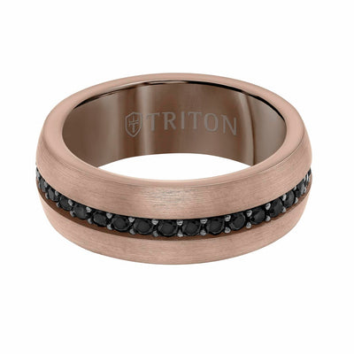 8MM Black Tungsten and Silver Ring with Brushed Finish and Eternity Channel Set Lab-Created White Sapphires and Flat Edge