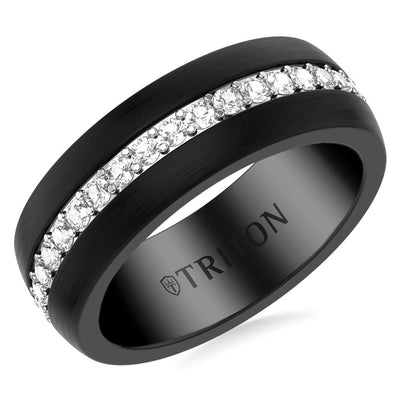 8MM Black Tungsten and Silver Ring with Brushed Finish and Eternity Channel Set Lab-Created White Sapphires and Flat Edge