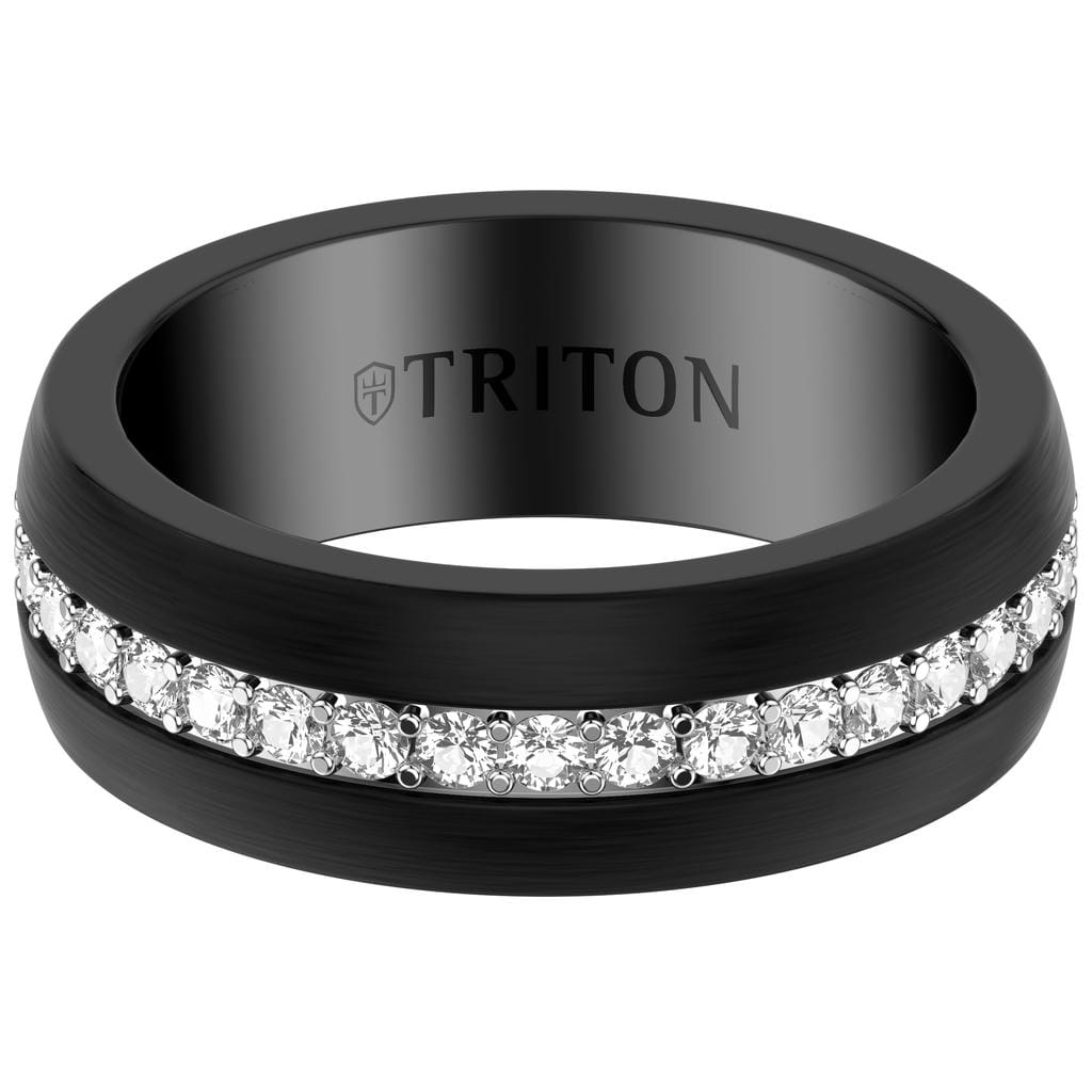8MM Black Tungsten and Silver Ring with Brushed Finish and Eternity Channel Set Lab-Created White Sapphires and Flat Edge