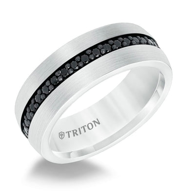8MM Black Tungsten and Silver Ring with Brushed Finish and Eternity Channel Set Lab-Created White Sapphires and Flat Edge