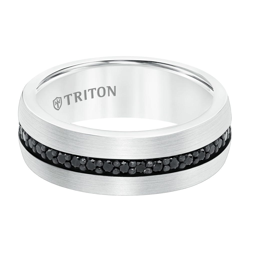 8MM Black Tungsten and Silver Ring with Brushed Finish and Eternity Channel Set Lab-Created White Sapphires and Flat Edge