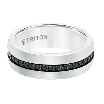 8MM Black Tungsten and Silver Ring with Brushed Finish and Eternity Channel Set Lab-Created White Sapphires and Flat Edge