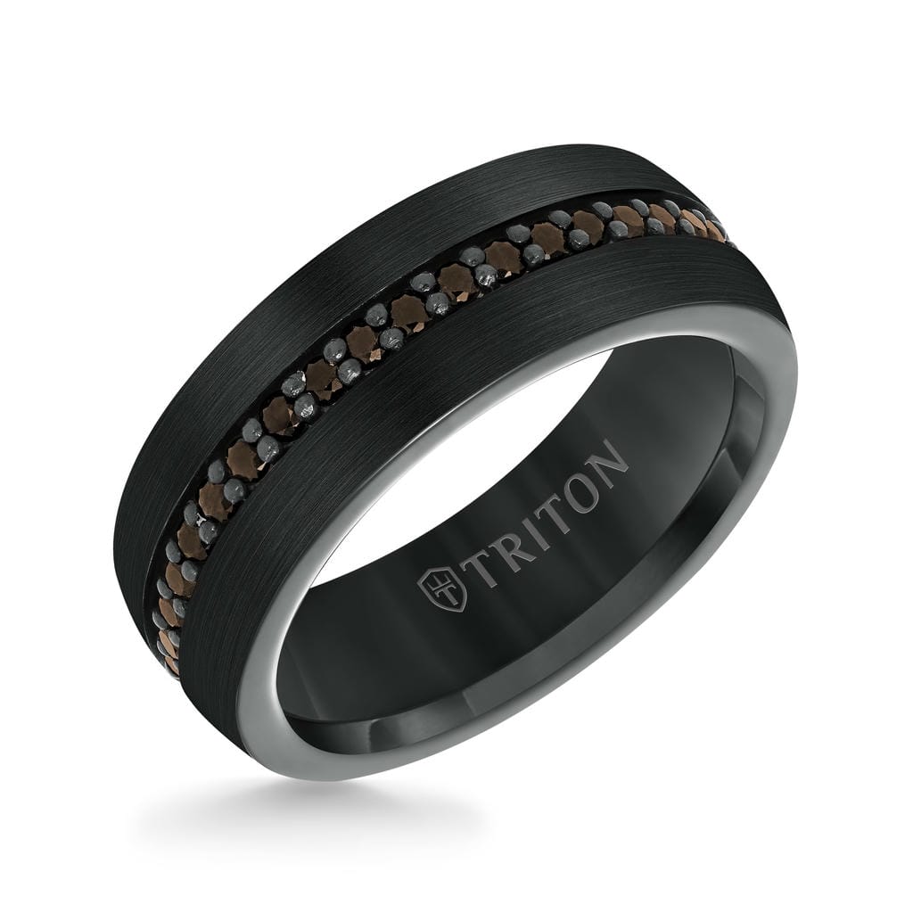 8MM Black Tungsten and Silver Ring with Brushed Finish and Eternity Channel Set Lab-Created White Sapphires and Flat Edge