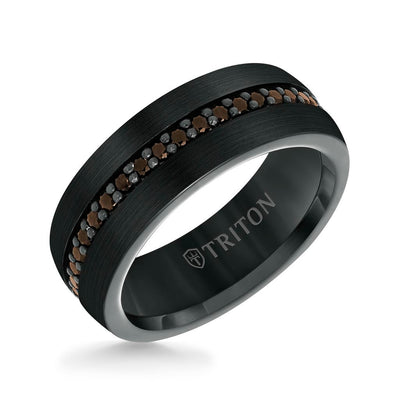 8MM Black Tungsten and Silver Ring with Brushed Finish and Eternity Channel Set Lab-Created White Sapphires and Flat Edge