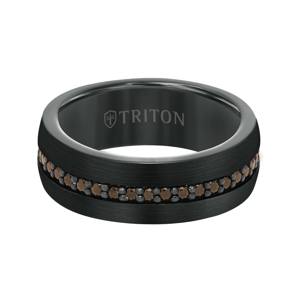 8MM Black Tungsten and Silver Ring with Brushed Finish and Eternity Channel Set Lab-Created White Sapphires and Flat Edge