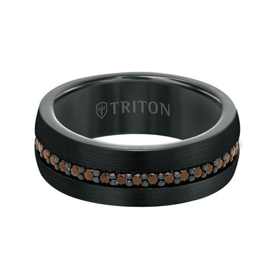 8MM Black Tungsten and Silver Ring with Brushed Finish and Eternity Channel Set Lab-Created White Sapphires and Flat Edge