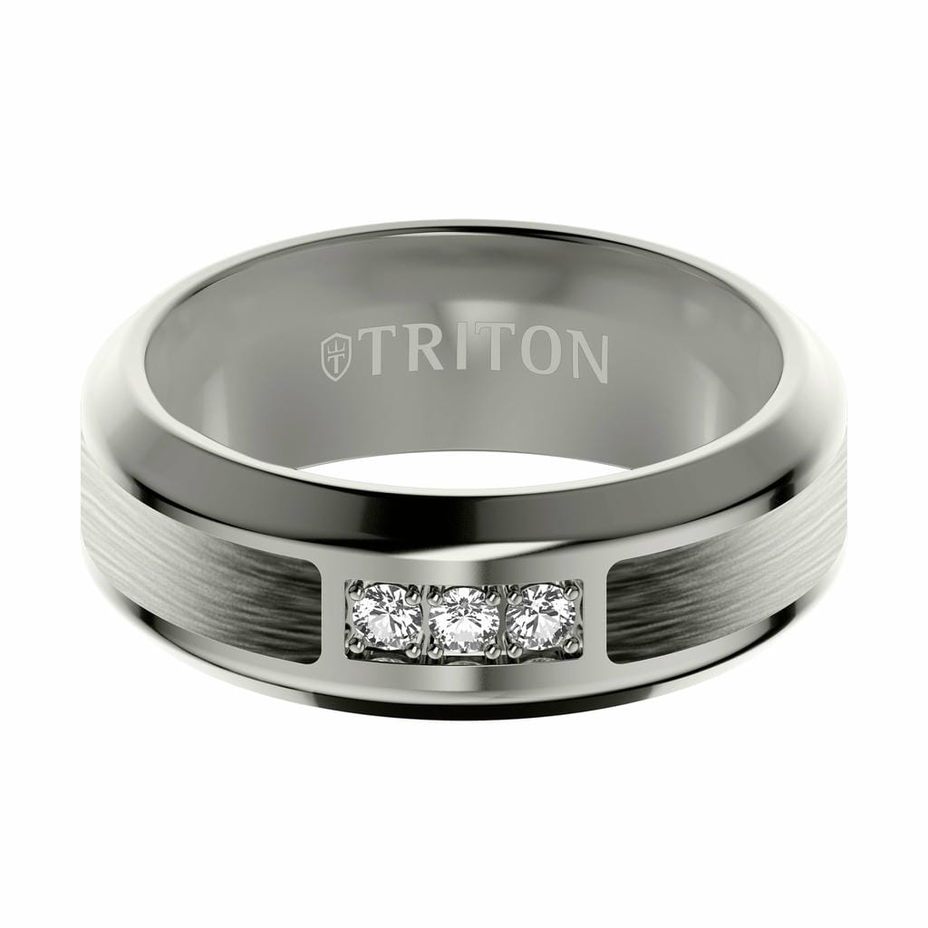 8MM Tantalum Ring - Three-Stone Lab-Created Diamonds and Wide Grey Inlay with Bevel Edge