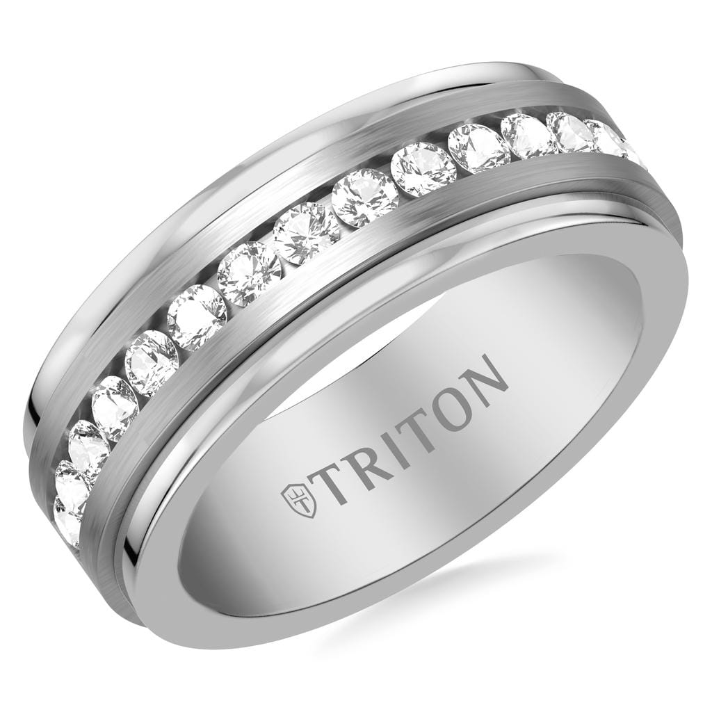 8MM White Tungsten and Silver Ring with Brushed Center and Channel Set Lab-Created White Sapphires and Polished Flat Edge