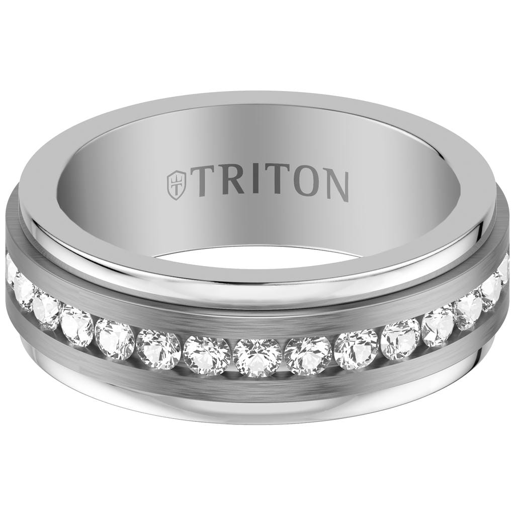 8MM White Tungsten and Silver Ring with Brushed Center and Channel Set Lab-Created White Sapphires and Polished Flat Edge
