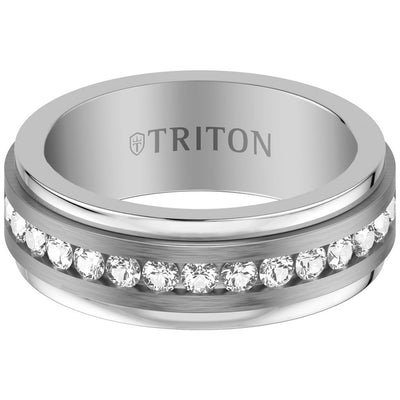 8MM White Tungsten and Silver Ring with Brushed Center and Channel Set Lab-Created White Sapphires and Polished Flat Edge