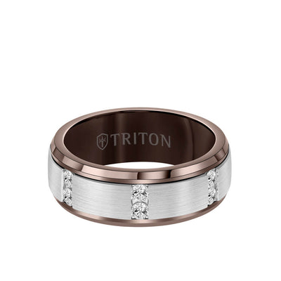 8MM Tungsten Diamond Ring - Vertical Channel Set Silver Satin Finish and Bevel Edge