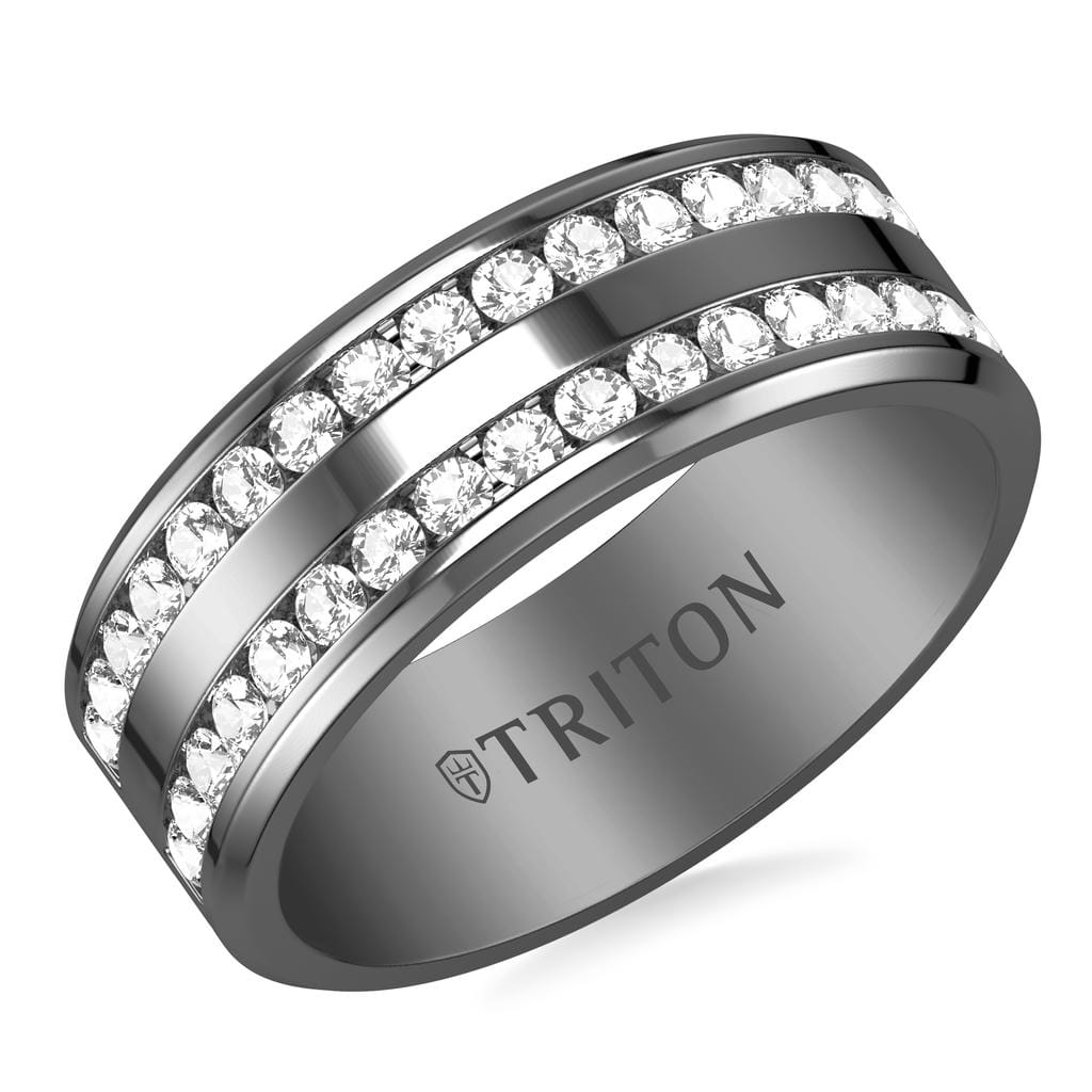 8MM Gunmetal Grey Tungsten and Titanium Polished Ring with Double Row Channel Set White Lab-Created Sapphires and Flat Edge
