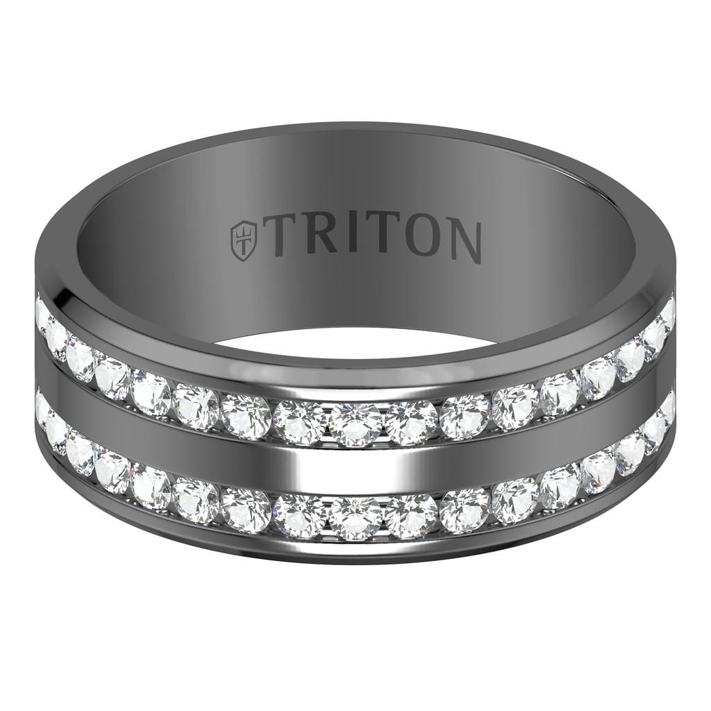 8MM Gunmetal Grey Tungsten and Titanium Polished Ring with Double Row Channel Set White Lab-Created Sapphires and Flat Edge