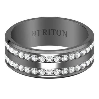 8MM Gunmetal Grey Tungsten and Titanium Polished Ring with Double Row Channel Set White Lab-Created Sapphires and Flat Edge