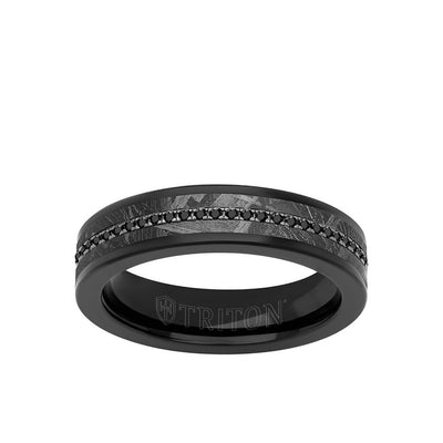 5.5MM Tungsten Carbide Ring - Meteorite Inlay with Eternity Black Sapphires and Flat Edge