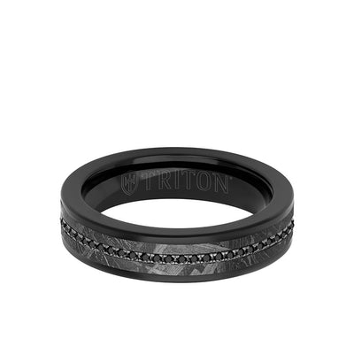 5.5MM Tungsten Carbide Ring - Meteorite Inlay with Eternity Black Sapphires and Flat Edge