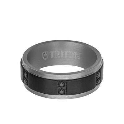 8MM Tantalum Ring - Vertical Channel Set Black Sapphires and Flat Edge