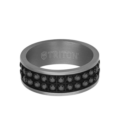 8MM Tantalum Ring - Double Row Black Sapphires and Flat Edge