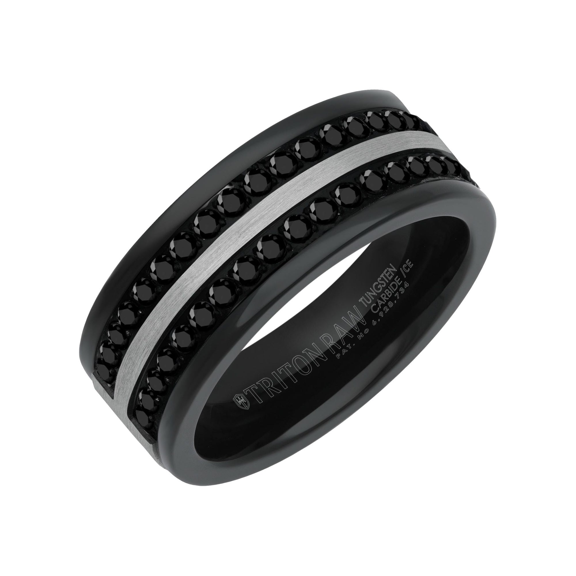 9MM Tungsten Carbide Ring - Double Row Eternity Black Heat-Treated Sapphires and Center Line with Rounded Edge