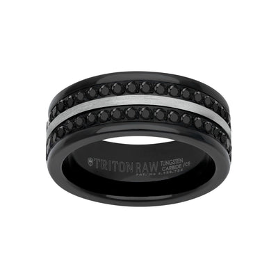 9MM Tungsten Carbide Ring - Double Row Eternity Black Heat-Treated Sapphires and Center Line with Rounded Edge