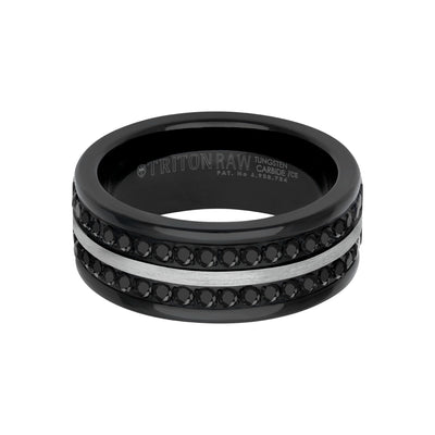 9MM Tungsten Carbide Ring - Double Row Eternity Black Heat-Treated Sapphires and Center Line with Rounded Edge