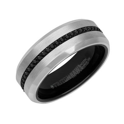 8MM Tungsten Carbide Ring - Eternity Black Heat-Treated Sapphires and Beveled Edge