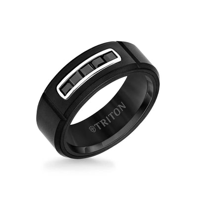 8MM Tungsten RAW Black DLC Ring - Channel Set Square Black Sapphires and Black Ceramic Interior