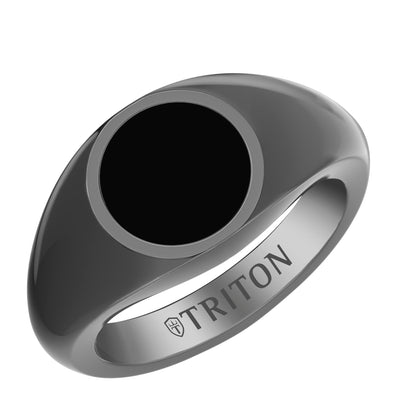 Polished Black Rhodium Sterling Silver Essentials Signet Ring with Ceram8 Full Moon Inlay and J Curved Edge