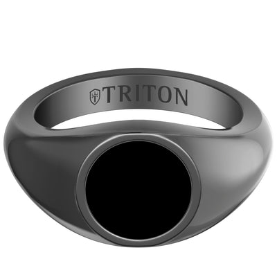 Polished Black Rhodium Sterling Silver Essentials Signet Ring with Ceram8 Full Moon Inlay and J Curved Edge