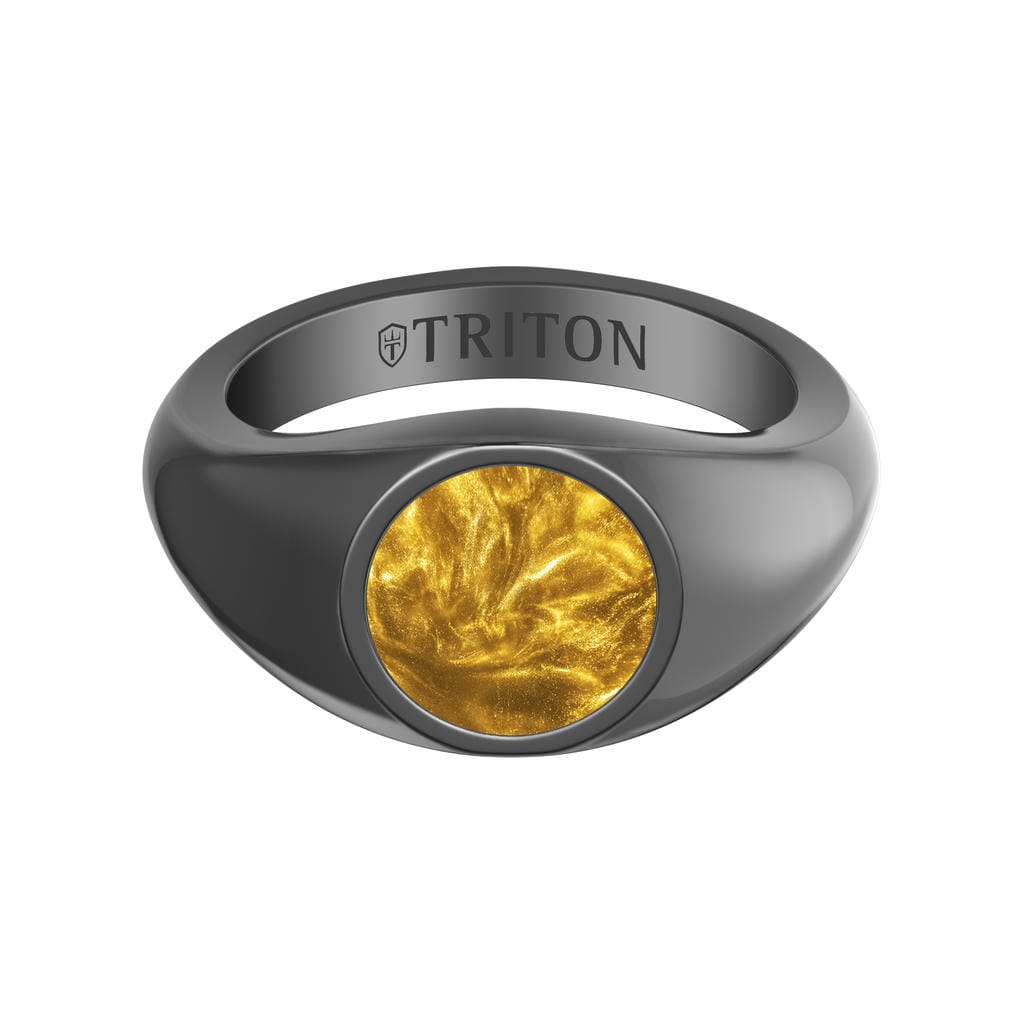 Polished Black Rhodium Sterling Silver Essentials Signet Ring with Ceram8 Full Moon Inlay and J Curved Edge