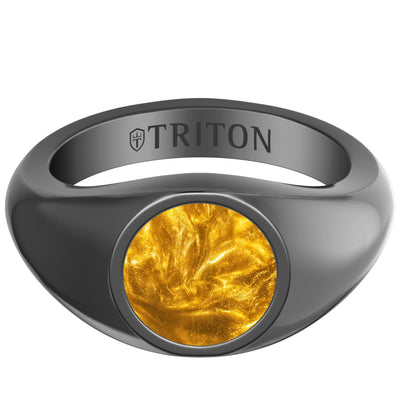 Polished Black Rhodium Sterling Silver Essentials Signet Ring with Ceram8 Full Moon Inlay and J Curved Edge