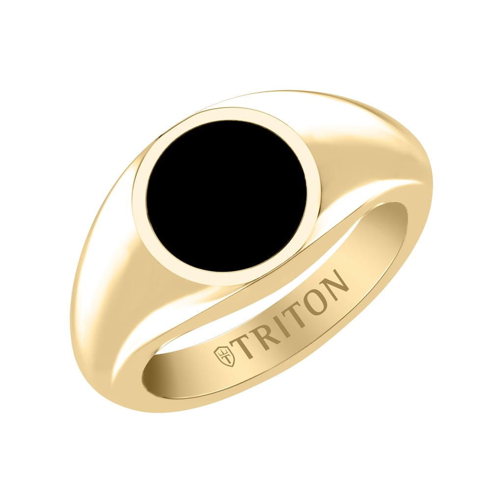 Polished Yellow Gold-Plated Sterling Silver Essentials Signet Ring with Ceram8 Full Moon Inlay and J Curved Edge