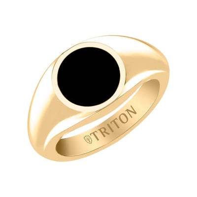 Polished Yellow Gold-Plated Sterling Silver Essentials Signet Ring with Ceram8 Full Moon Inlay and J Curved Edge