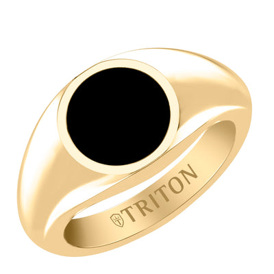 Polished Yellow Gold-Plated Sterling Silver Essentials Signet Ring with Ceram8 Full Moon Inlay and J Curved Edge