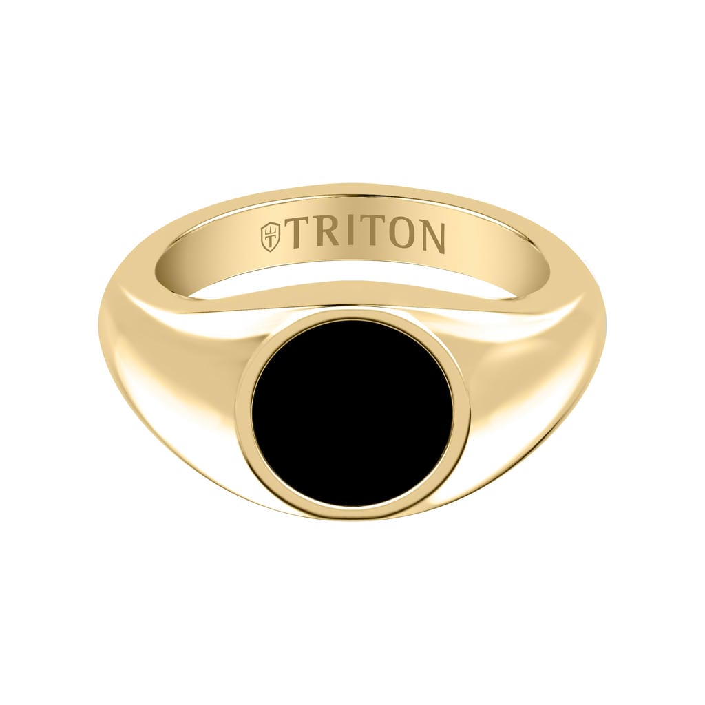 Polished Yellow Gold-Plated Sterling Silver Essentials Signet Ring with Ceram8 Full Moon Inlay and J Curved Edge