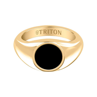 Polished Yellow Gold-Plated Sterling Silver Essentials Signet Ring with Ceram8 Full Moon Inlay and J Curved Edge