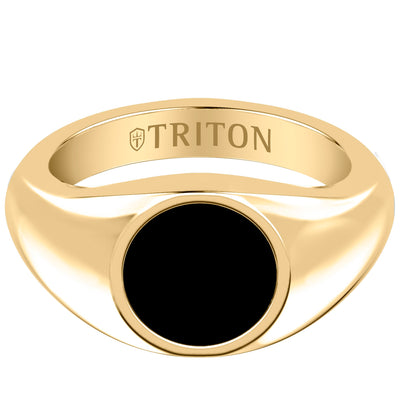 Polished Yellow Gold-Plated Sterling Silver Essentials Signet Ring with Ceram8 Full Moon Inlay and J Curved Edge